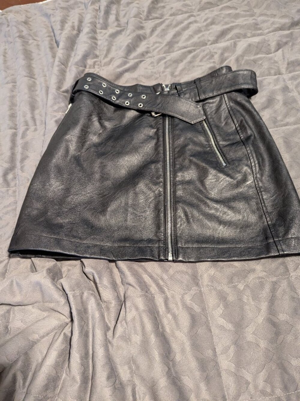 Topshop Black Faux Leather Mini Skirt Belted Asymmetric Zip Biker Moto US 6 38